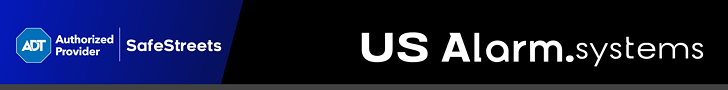 ADT Authorized Provider SafeStreets logo alongside US Alarm Systems branding on a navy blue background.